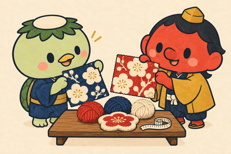 丸っこい河童と天狗が、着物柄の布と毛糸を選ぶ場面のイラスト